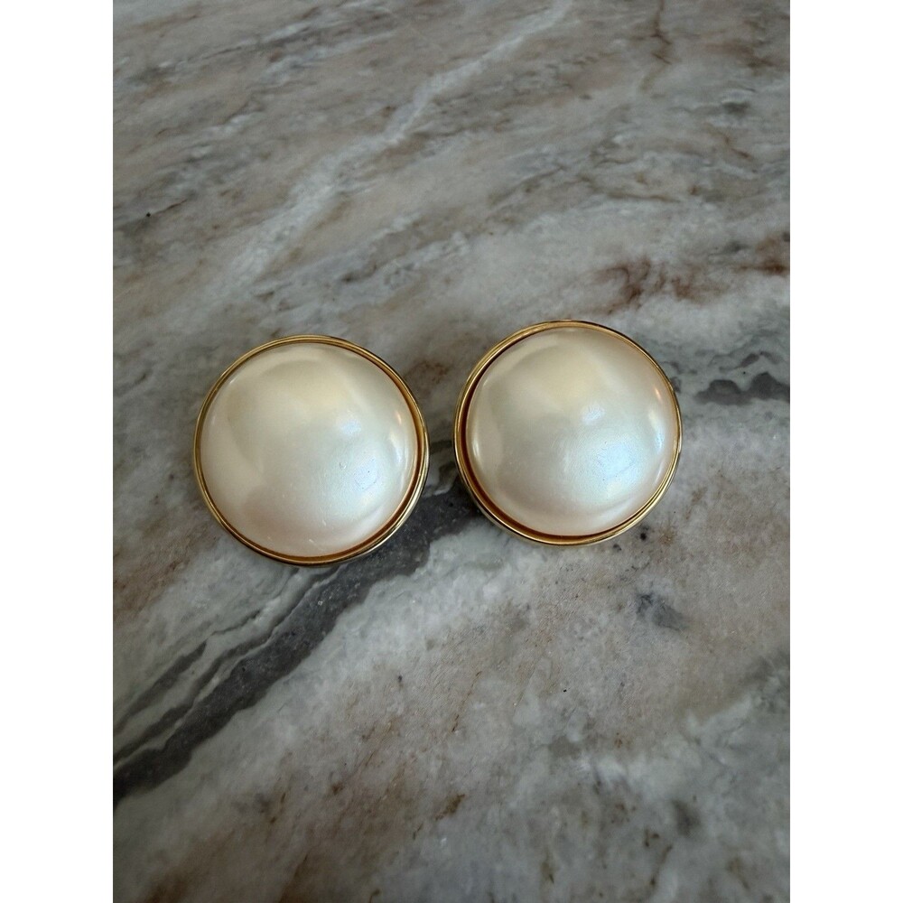 Marvella Clip On Earrings Off White Large Faux Pearl Gold tone Vintage